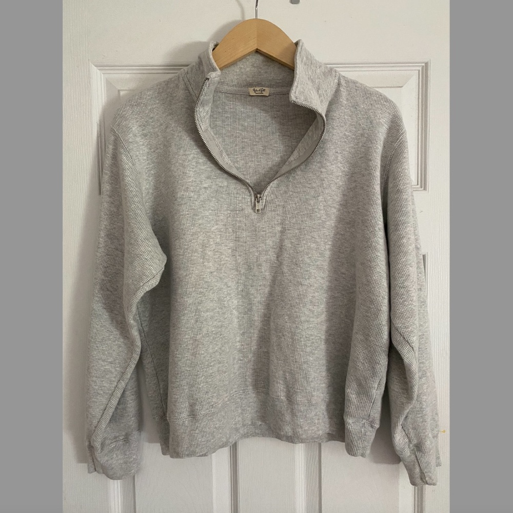 John Galt for Brandy Melville Waffle Knit 1/4 Zip Pullover in Light Grey